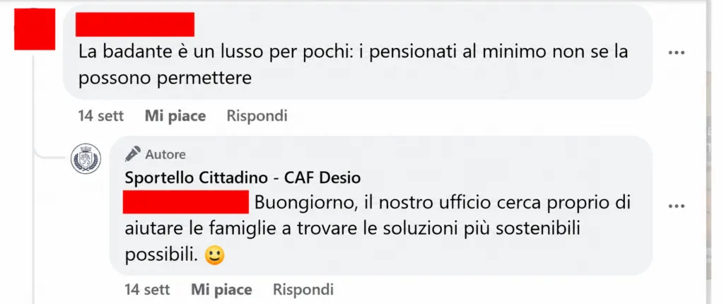 Commento Facebook sui costi per assumere una badante a Desio, Lissone, Seregno e comuni limitrofi